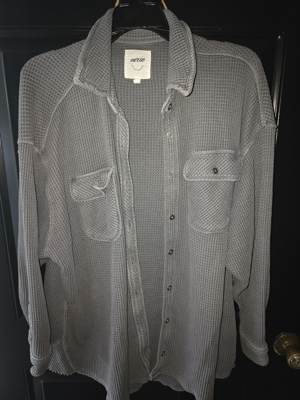Aerie Small Waffle Knit Button-Up Shirt Gray